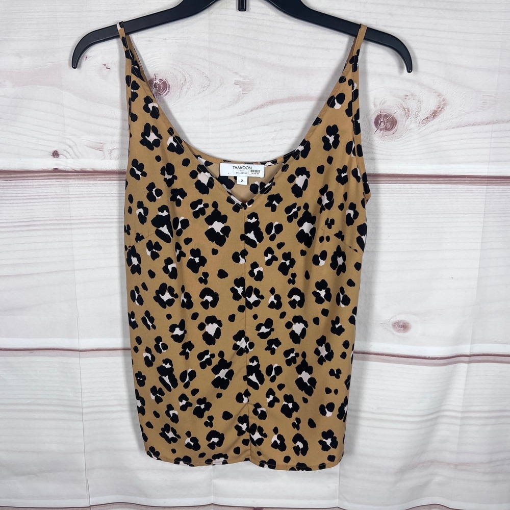 Thakoon Collective Camisole Top Womens 2 Brown Leopard Print V-Neck Tank Woven